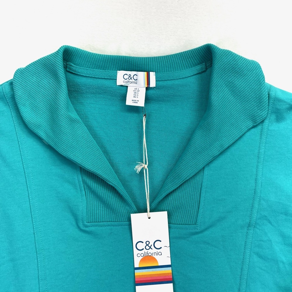 C&C California Pullover Women S Teal Nautical Shawl Collar Cropped Sweatshirt - Picture 3 of 8